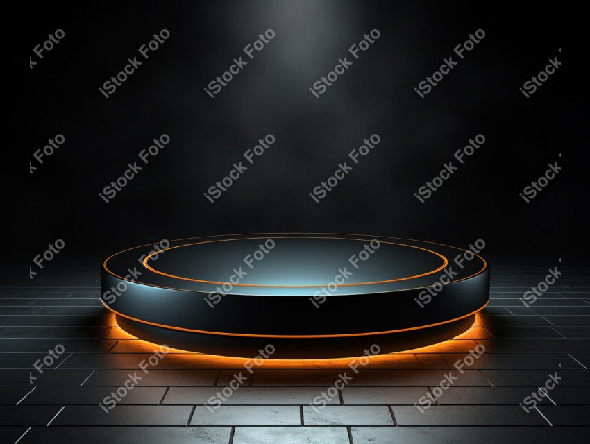 Neon Light round podium and black background for mock up, Black