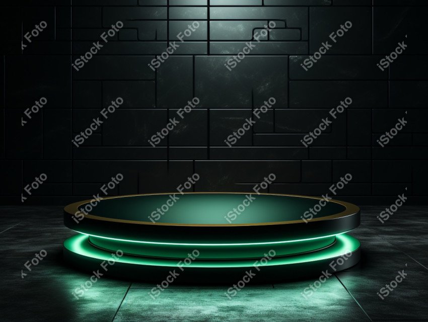 Neon Green light round podium and black background for mock up,