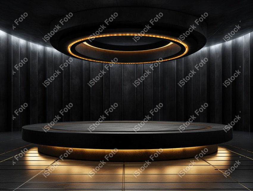 Neon Light round podium and black background for mock up, Black