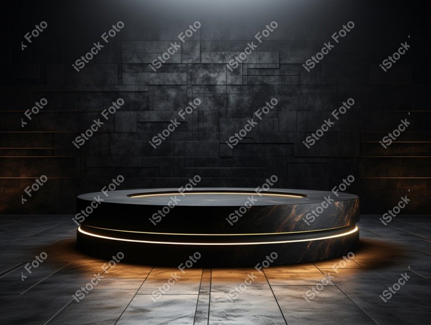 Neon Light round podium and black background for mock up, Black