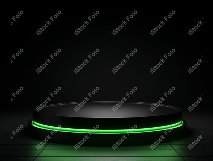 Neon Green light round podium and black background for mock up,