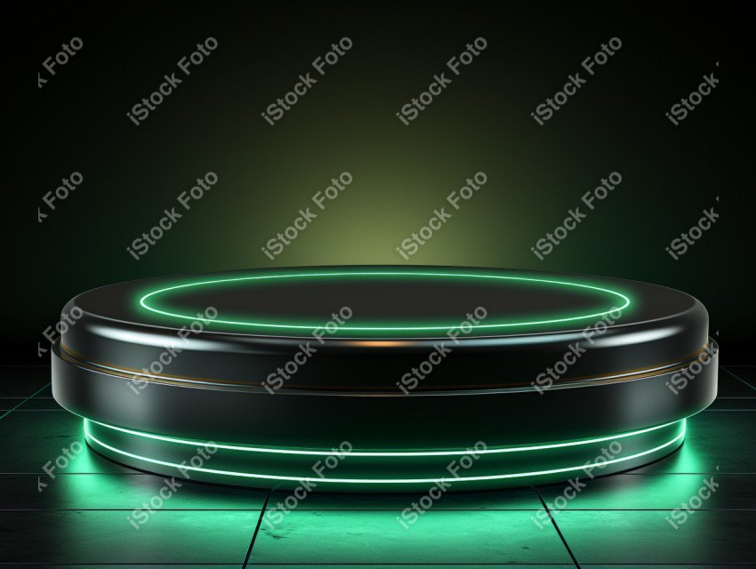 Neon Green light round podium and black background for mock up,