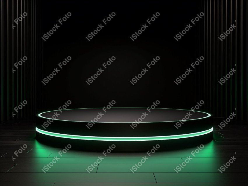 Neon Green light round podium and black background for mock up,