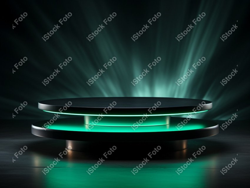 Neon Green light round podium and black background for mock up,