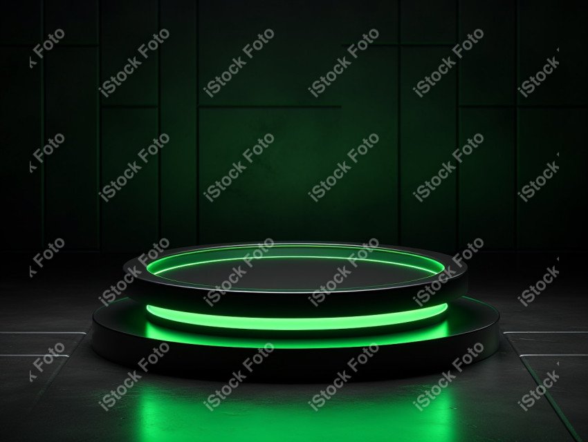 Neon Green light round podium and black background for mock up,