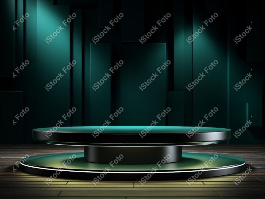 Neon Green light round podium and black background for mock up,