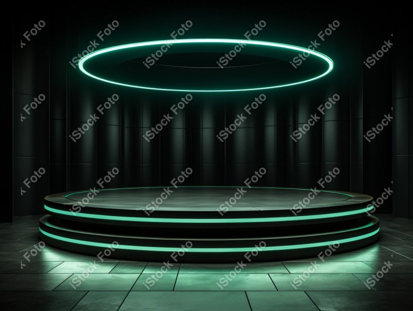 Neon Green light round podium and black background for mock up,