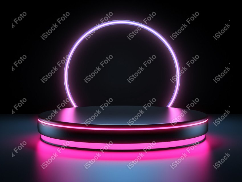 Neon Light round podium and black background for mock up, Black