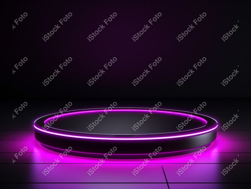 Neon Light round podium and black background for mock up, Black