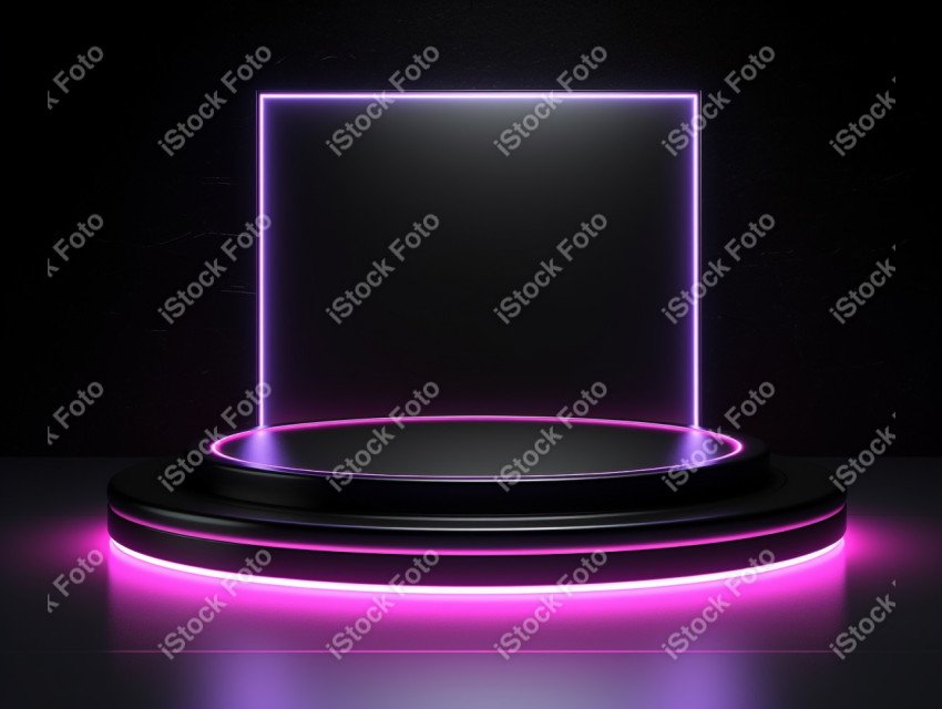 Neon Light round podium and black background for mock up, Black