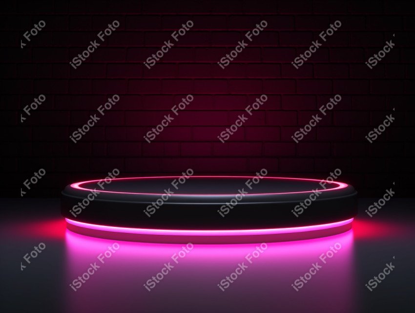 Neon Light round podium and black background for mock up, Black