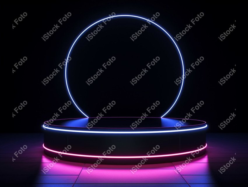 Neon Light round podium and black background for mock up, Black