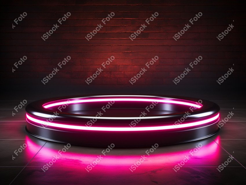 Neon Light round podium and black background for mock up, Black