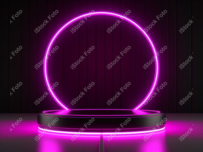 Neon Light round podium and black background for mock up, Black