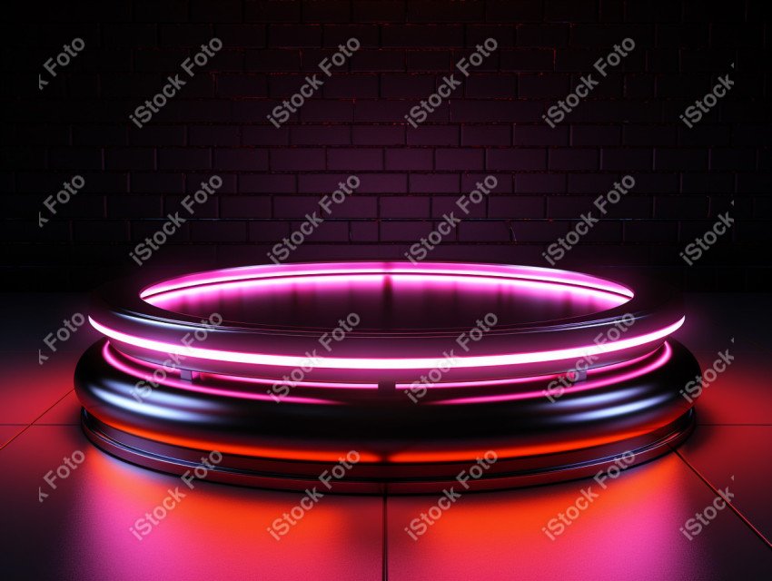 Neon Light round podium and black background for mock up, Black