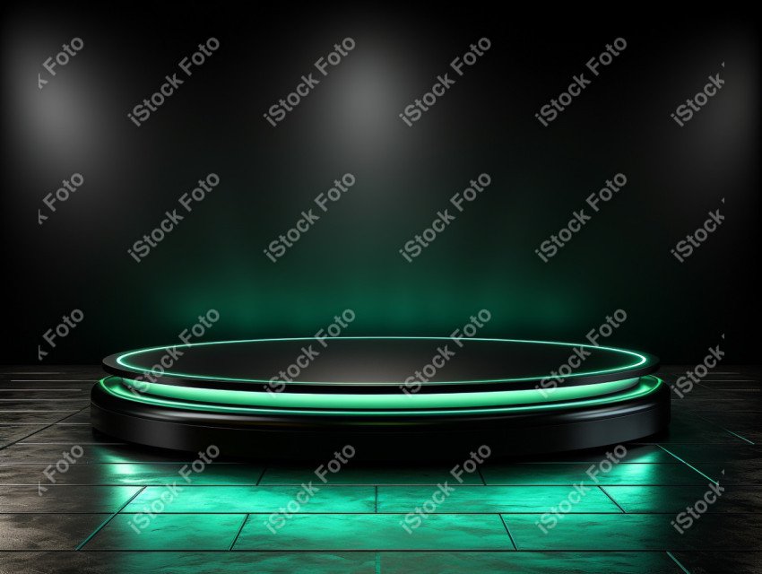 Neon Green light round podium and black background for mock up,