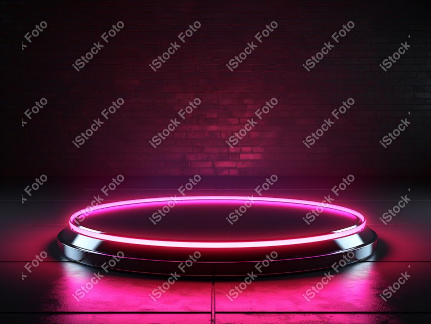 Neon Light round podium and black background for mock up, Black