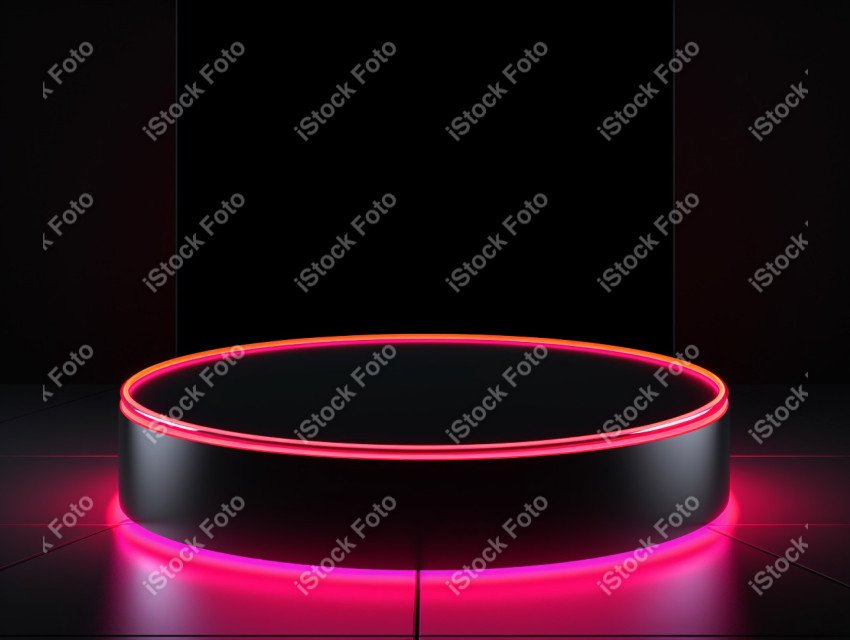 Neon Light round podium and black background for mock up, Black