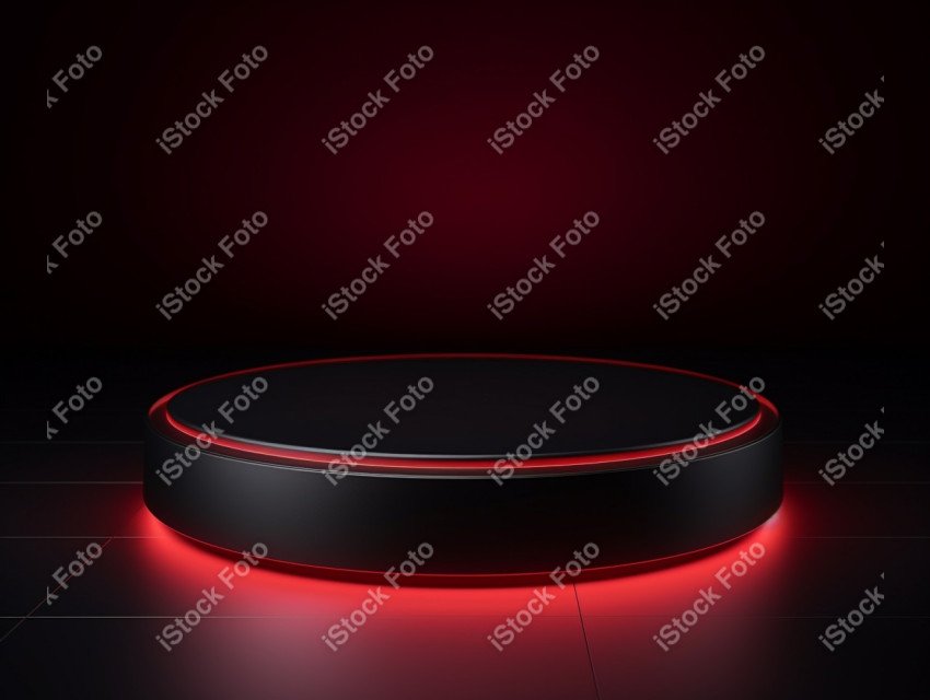 Neon Red light round podium and black background for mock up, Bl