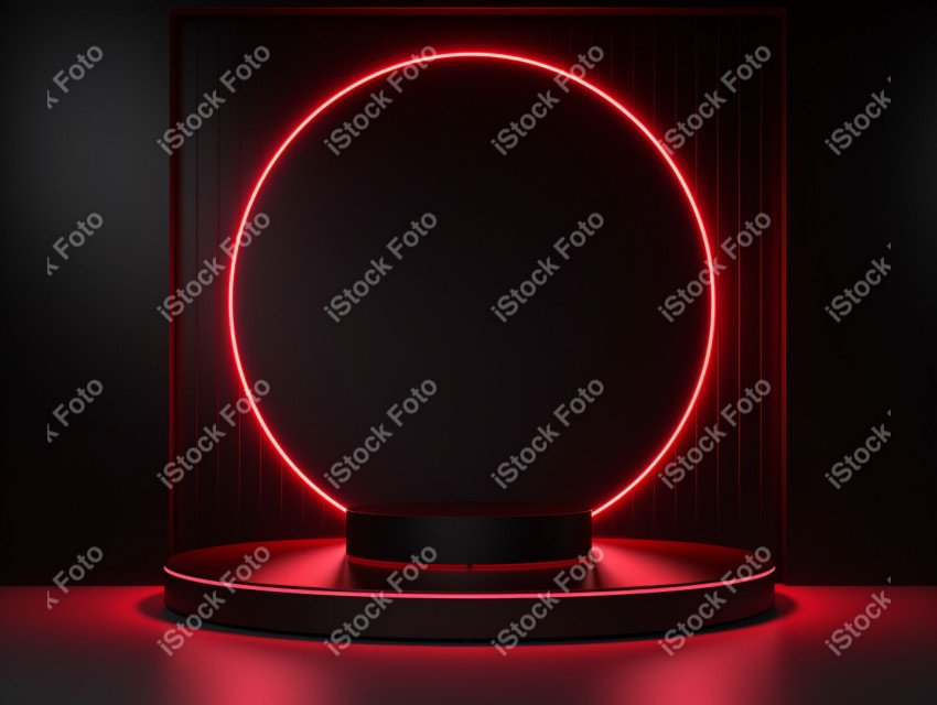 Neon Red light round podium and black background for mock up, Bl