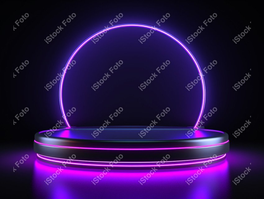 Neon Light round podium and black background for mock up, Black