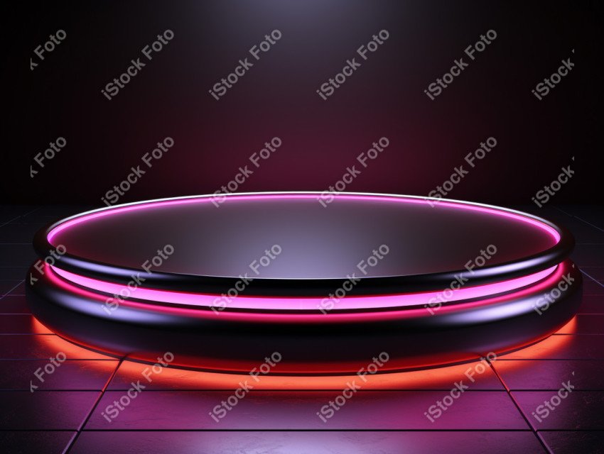 Neon Light round podium and black background for mock up, Black