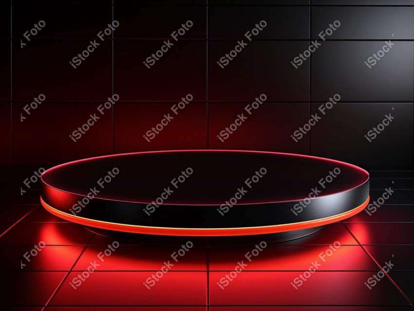 Neon Red light round podium and black background for mock up, Bl