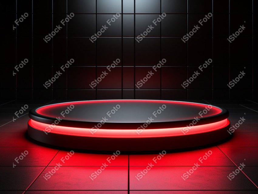 Neon Red light round podium and black background for mock up, Bl