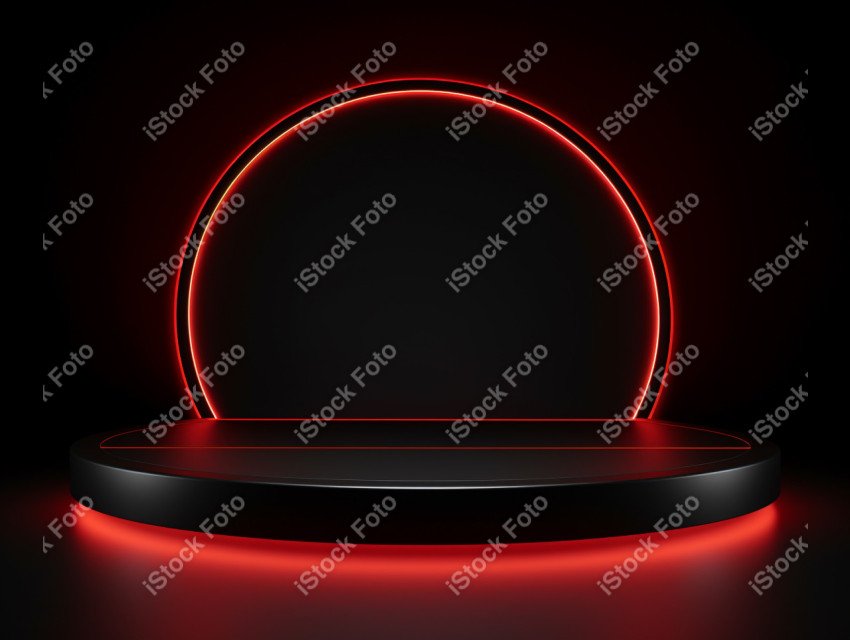 Neon Red light round podium and black background for mock up, Bl