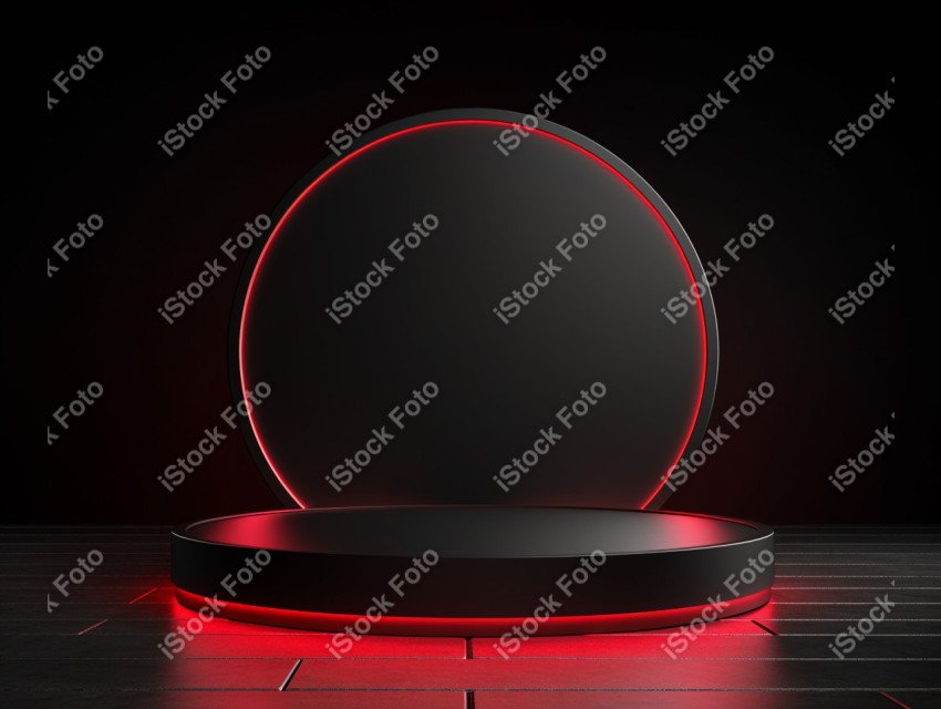 Neon Red light round podium and black background for mock up, Bl