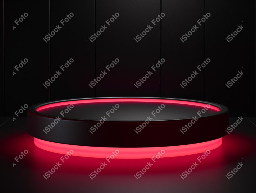 Neon Red light round podium and black background for mock up, Bl