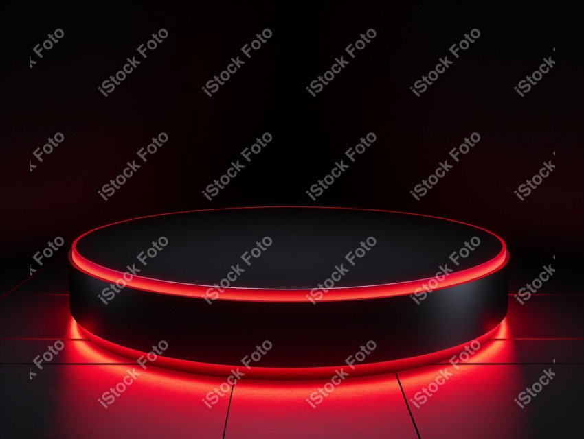 Neon Red light round podium and black background for mock up, Bl