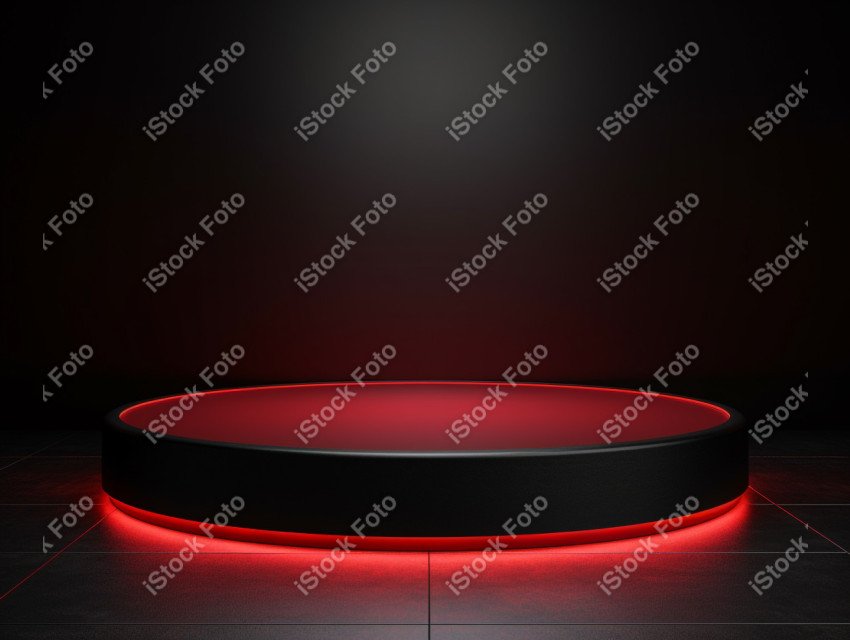 Neon Red light round podium and black background for mock up, Bl