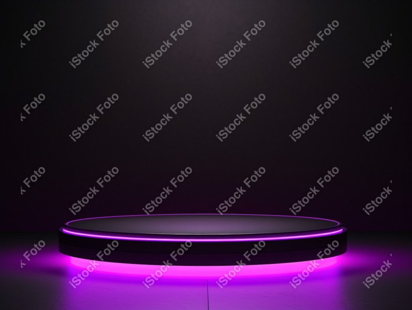 Neon Violet light round podium and black background for mock up,