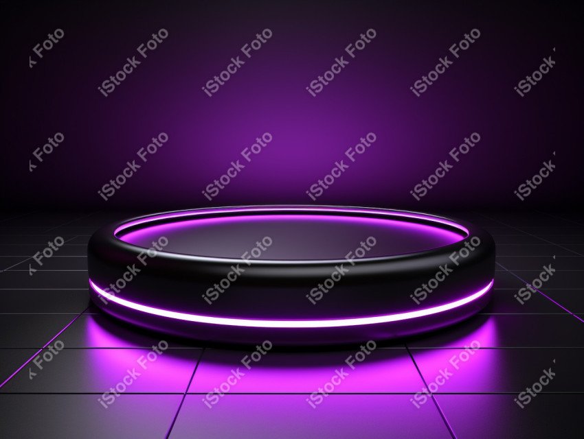 Neon Violet light round podium and black background for mock up,