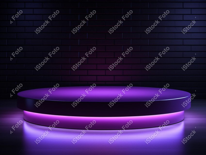 Neon Violet light round podium and black background for mock up,