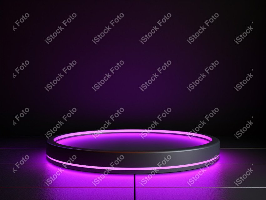 Neon Violet light round podium and black background for mock up,