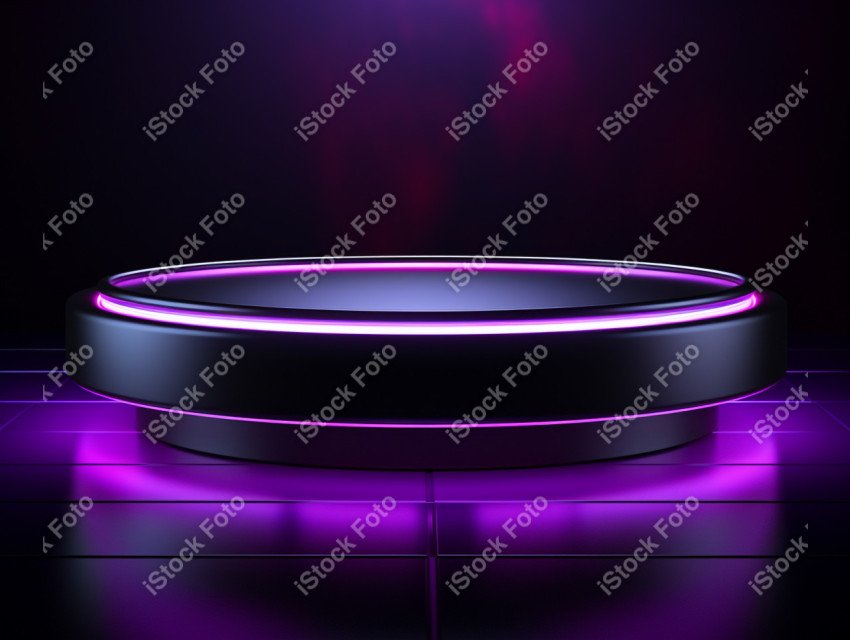 Neon Violet light round podium and black background for mock up,