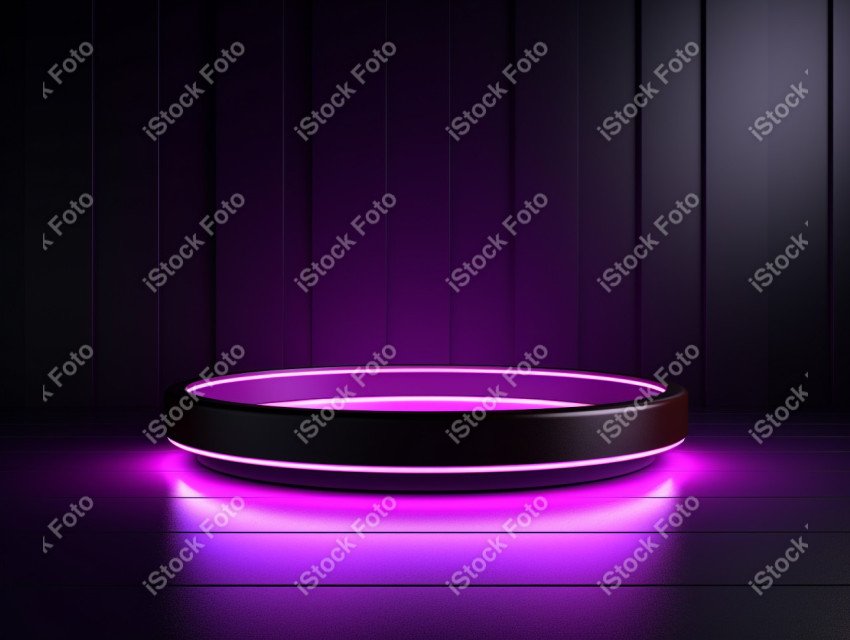 Neon Violet light round podium and black background for mock up,