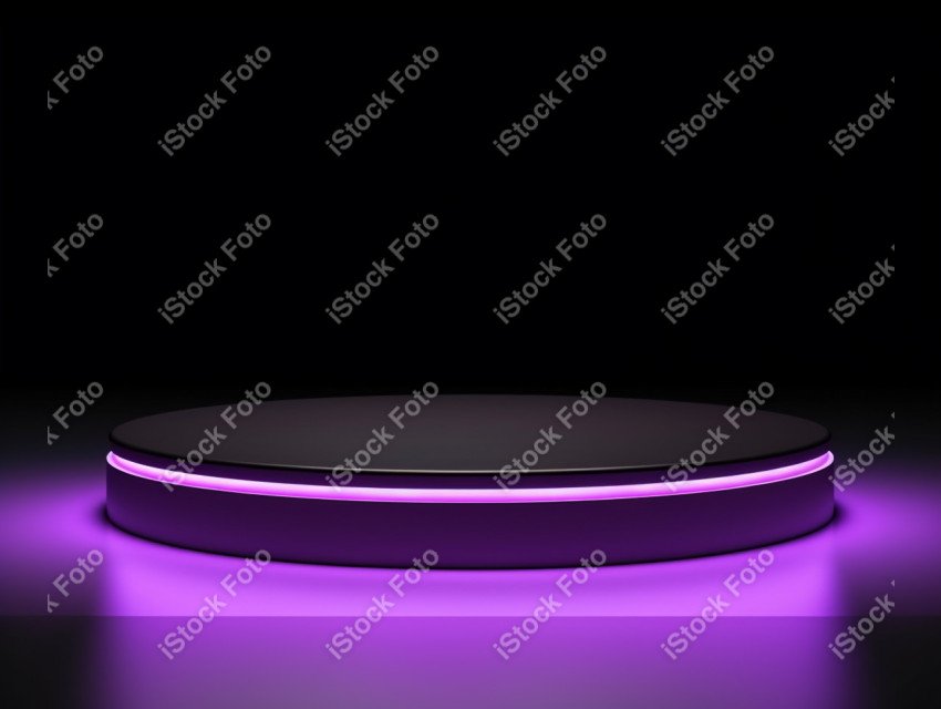 Neon Violet light round podium and black background for mock up,