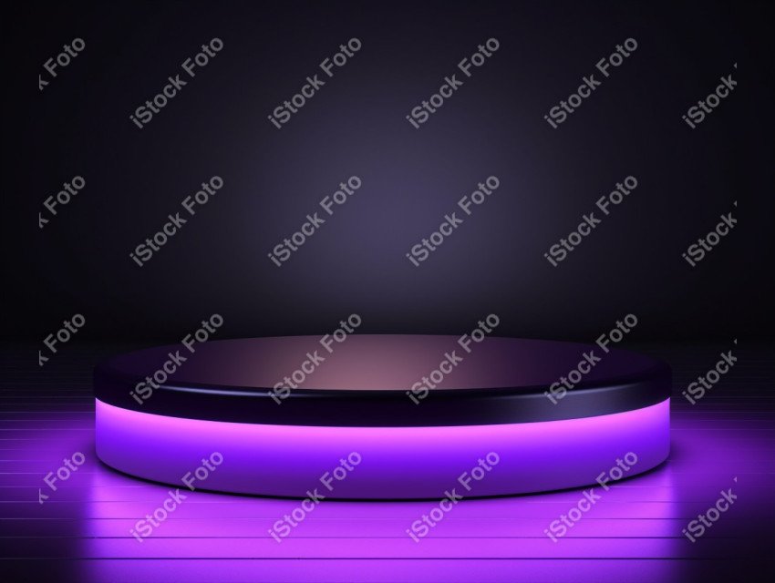 Neon Violet light round podium and black background for mock up,