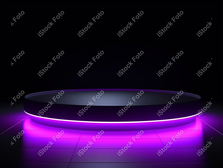 Neon Violet light round podium and black background for mock up,