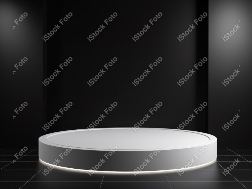 Neon white light round podium and black background for mock up,