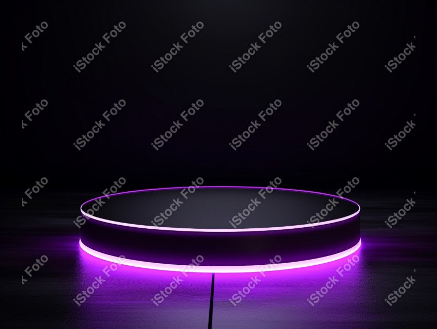 Neon Violet light round podium and black background for mock up,