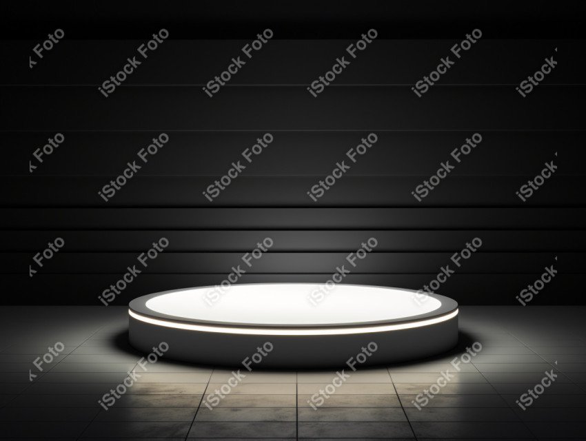 Neon white light round podium and black background for mock up,