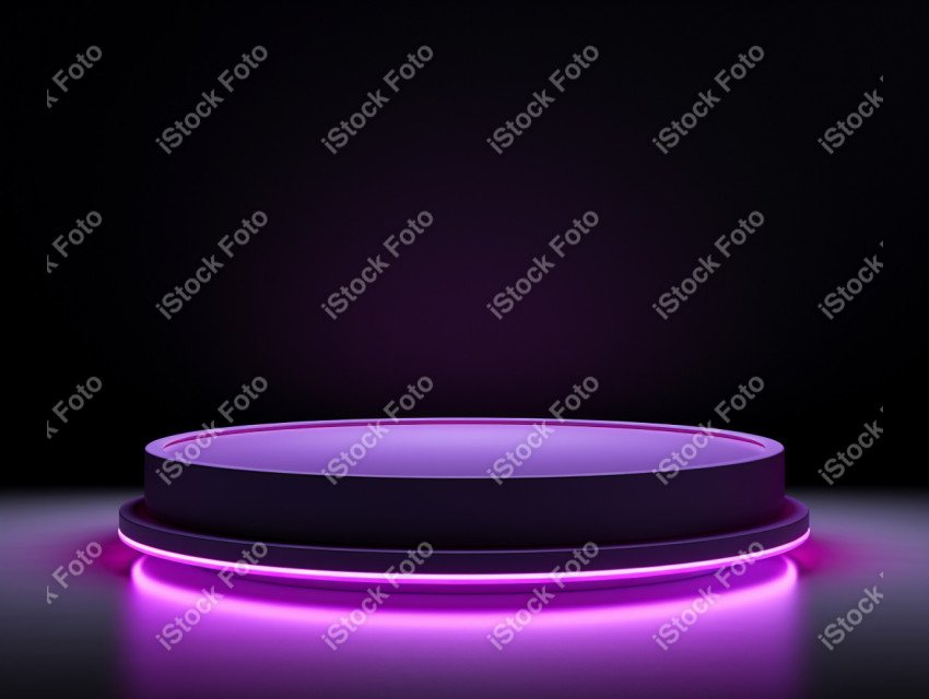 Neon Violet light round podium and black background for mock up,