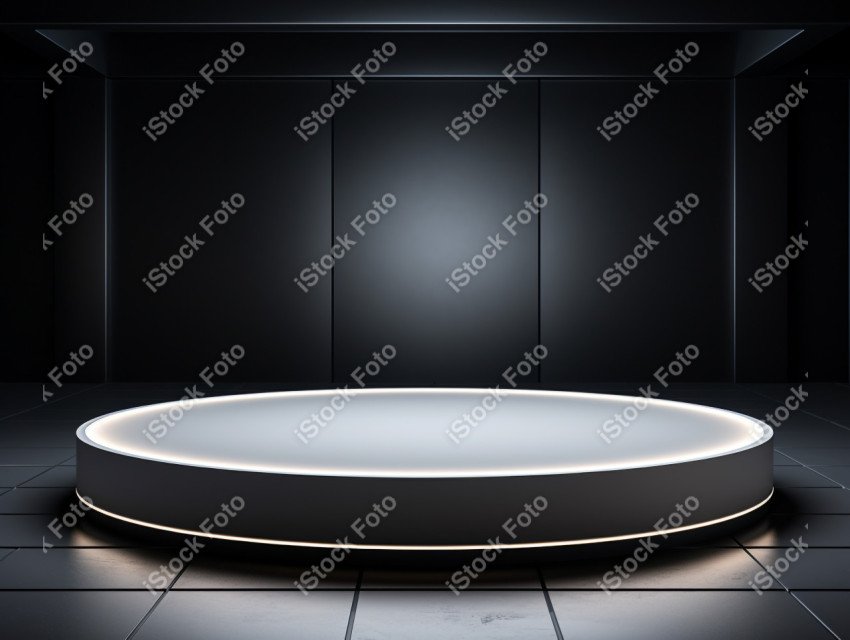 Neon white light round podium and black background for mock up,