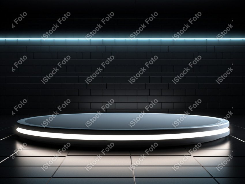 Neon white light round podium and black background for mock up,