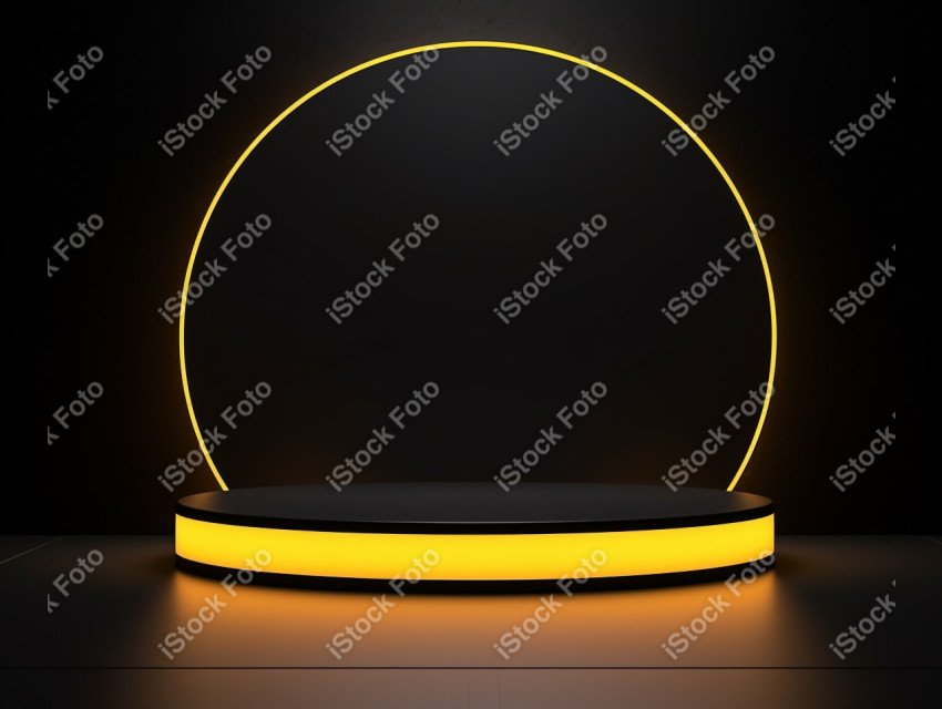 Neon yellow light round podium and black background for mock up,