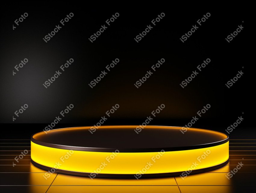 Neon yellow light round podium and black background for mock up,